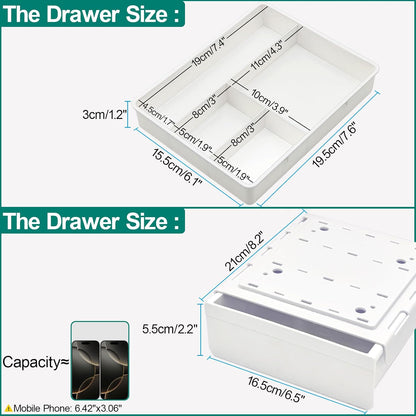 SVNNELP Under Desk Table Drawer Storage Organizer, Slide Out Drawer with 4 Compartments Divider,Pencil Storage Self-Adhesive Tray Under Table (M/Clear Black+White)