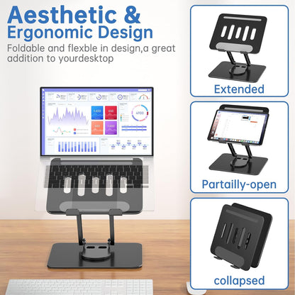 Laptop Stand for Desk Adjustable Computer Stand with 360 Rotating Base Ergonomic Laptop Riser Mount for Desk Foldable Protable Computer Desk Fits with MacBook Pro Air, Round Black