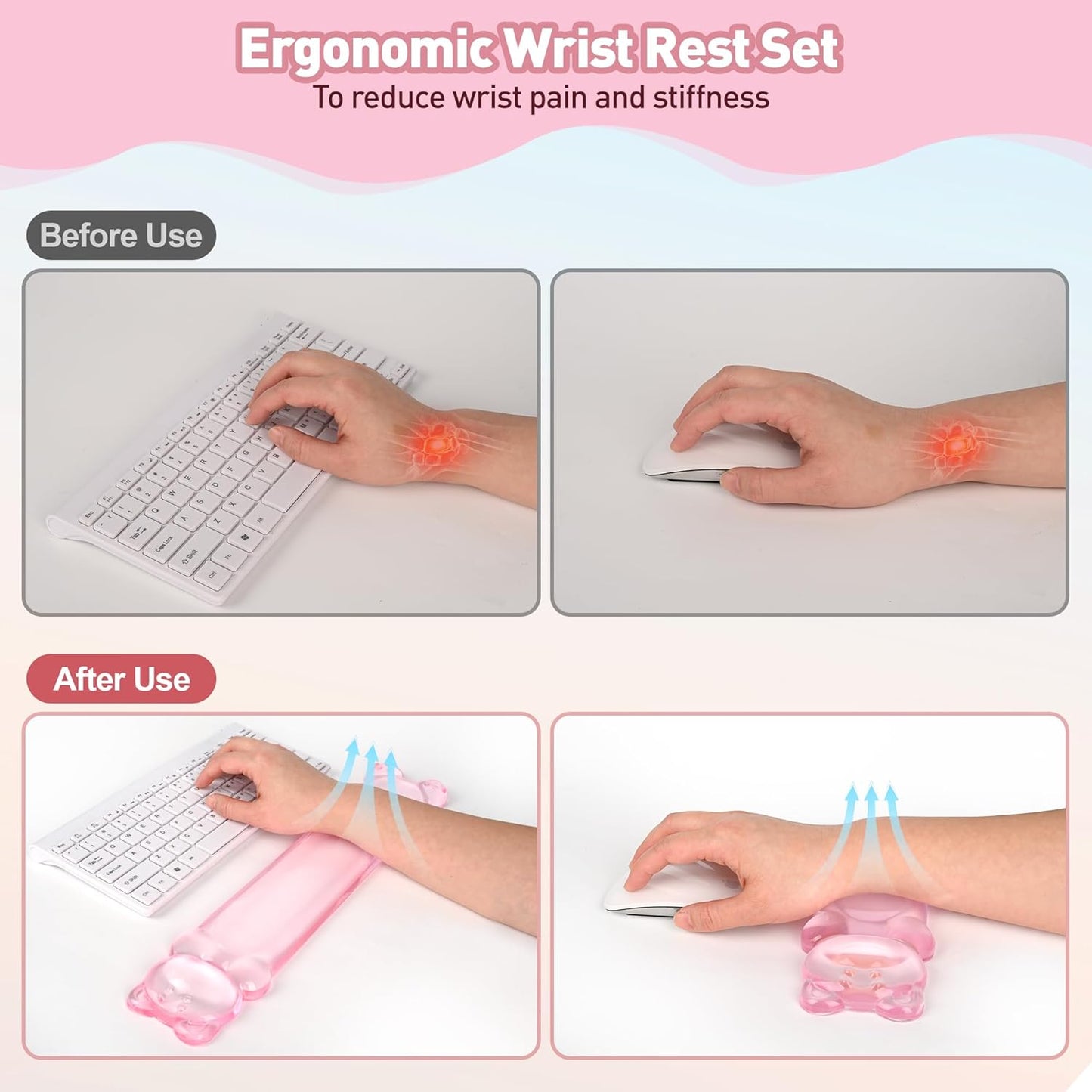 Gel Keyboard and Mouse Wrist Rest Set – Clear Wrist Rest for Computer Keyboard 60%/68%/75%, Comfort & Support for Typing and Gaming(Cute Pink Bear)