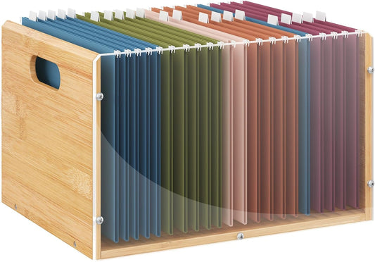Sbanmao Clear Acrylic File Box Organizer, Bamboo Hanging Folder Storage Boxes, Filing Crate Bin Holder with Handle for Home Office Desk, Letter Size