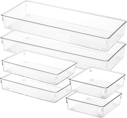 Voova 6 Pack Plastic Drawer Organizers Set,3-Size Kitchen and Office Desk Drawer Organizer Trays, Acrylic Non Slip Storage Bin Divider for Makeup,Jewelry,Gadgets Utensils,Bedroom,Bathroom Vanity,Clear