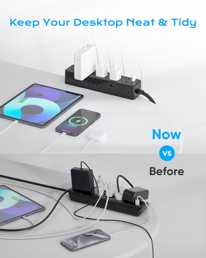 Flat Plug Desk Clamp Power Strip 10FT, 40W Total Fast Charging Station, Dual PD 20W USB C Ports, Desk Edge Mount Power Strip 9 AC Outlets 8 USB Ports(4 USB C) Surge Protector, Fit 1.7" Tabletop Edge