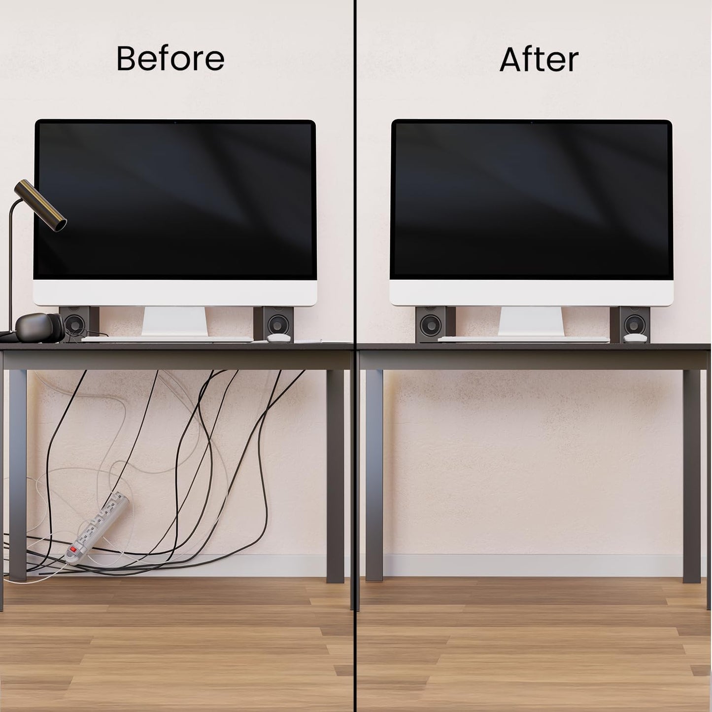 EVEO Cable Management Under Desk Kit (6 Units) - Under Desk Cable Management Cord Hider, Cable Hider Cord Management, Cable Organizer, Cable Raceway | Self-Adhesive 96'' J Channel 6X16 - Black