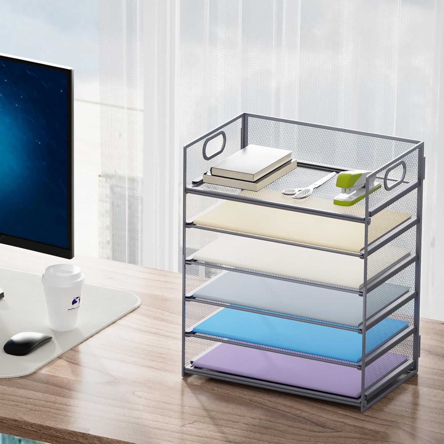 Marbrasse 6 Tier Paper Organizer Letter Tray - Mesh Desk File Organizer with Handle, Paper Sorter Organizer for Letter/A4 Office File Folder Holder - Black