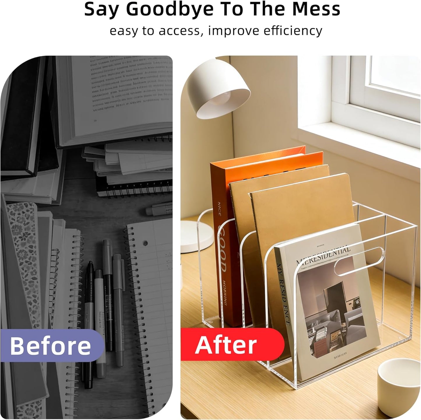 Acrylic Magazine File Holder, 4 Vertical Compartments Desk Document Sorter Organizer, Clear Folder Rack Binder for Office, Documents, Tablets, Magazines, Books – Home/Classroom Rack