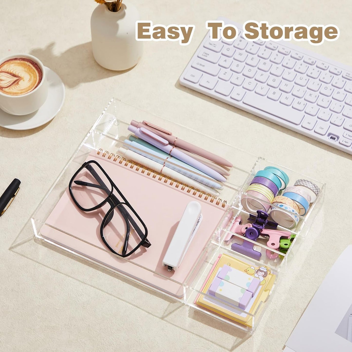 Briwooody Clear Acrylic Desk Drawer Organizer 11 x 6.1 x 1.38 Inch Storage Tray Organizer for Pens, Stationery, Desktop, Office, Bathroom, Kitchen, Makeup Supplies (6 Compartments)