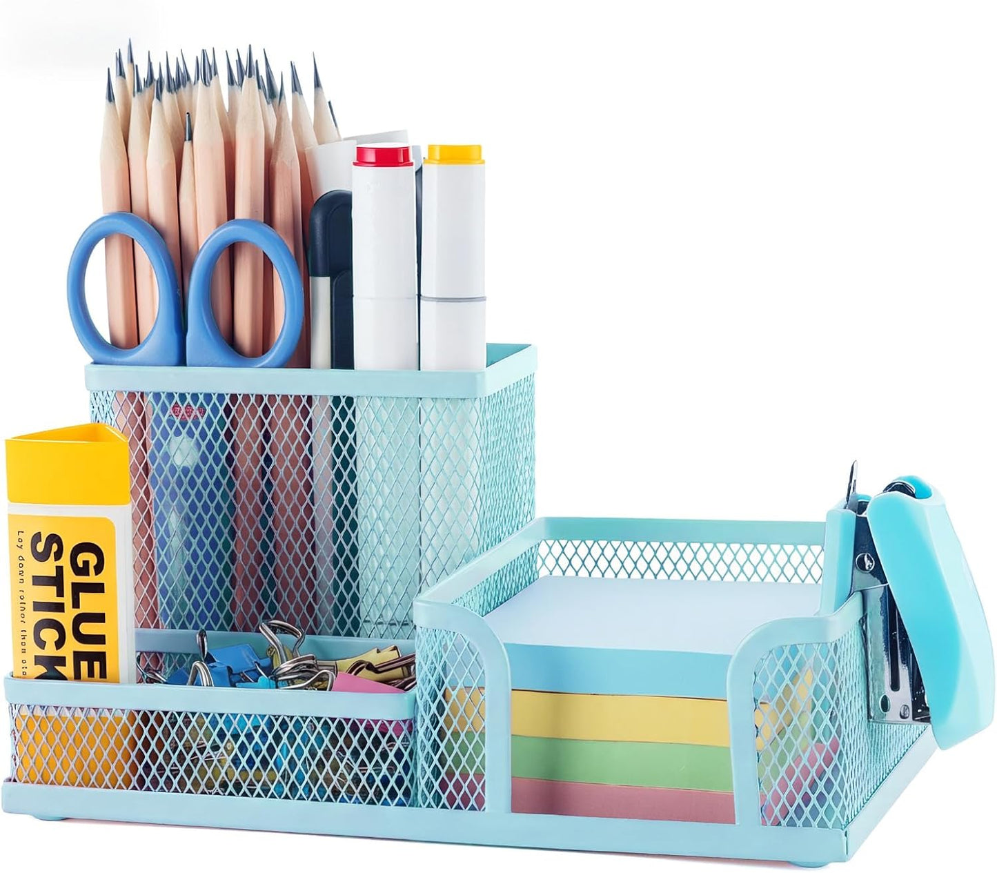M&G Mesh Pen Holder Desk Organizers Pencil Holder for Desk Black, 3 Compartments Metal Office Supply Organizer with Sticky Notes Holder for School Home Office