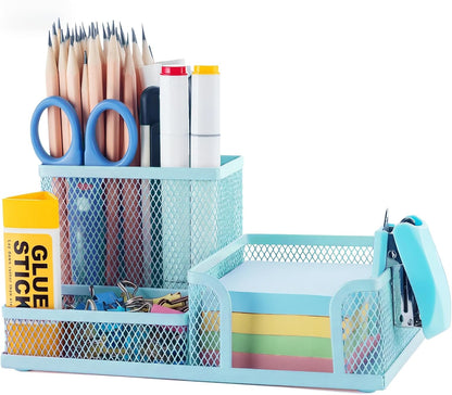 M&G Mesh Pen Holder Desk Organizers Pencil Holder for Desk Black, 3 Compartments Metal Office Supply Organizer with Sticky Notes Holder for School Home Office