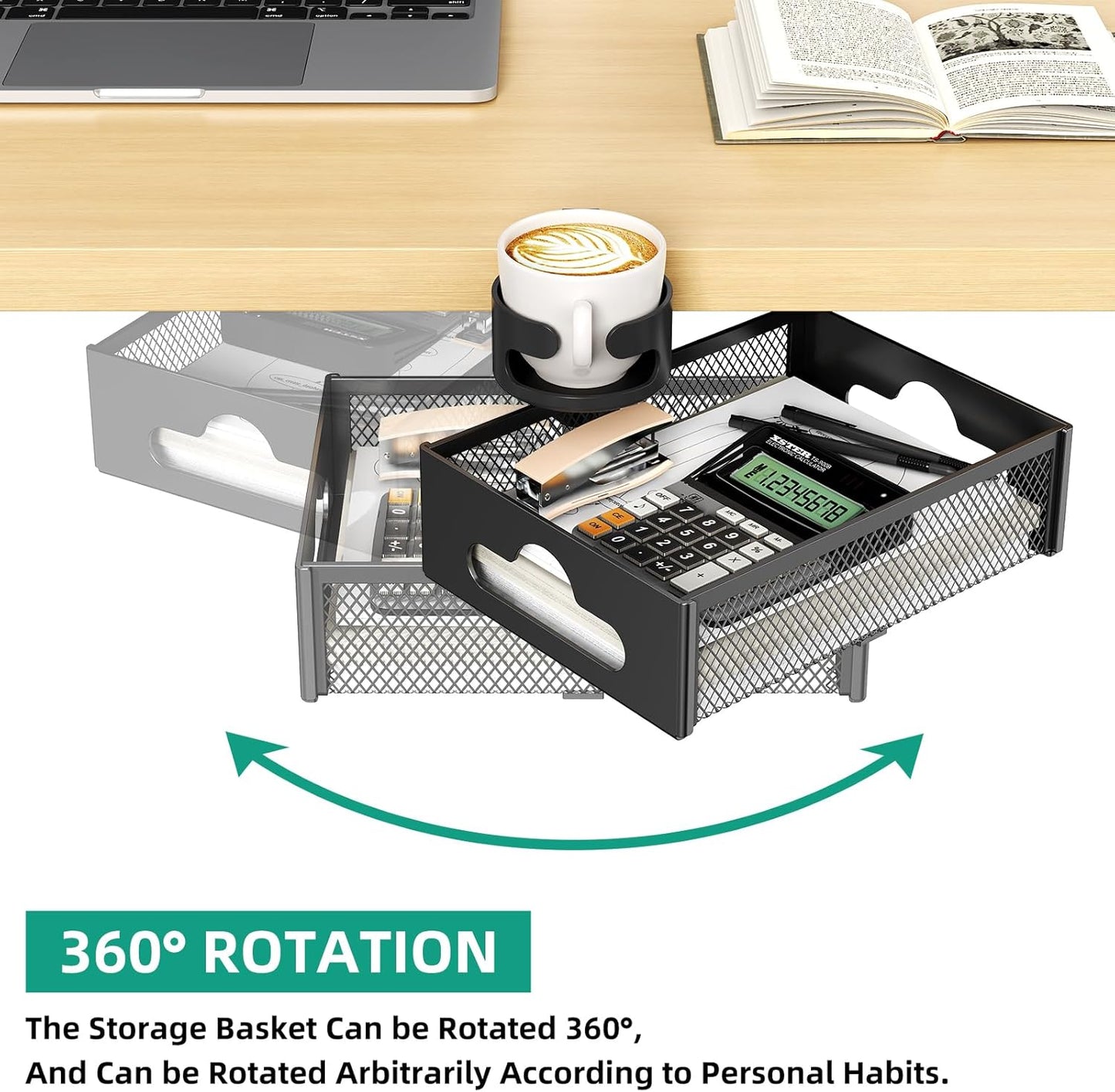 CABTE Desk Cup Holder with Drawer Organizer, Anti-Spill Clip-On Table Cup Hook with 360° Rotation Hidden Storage Box for Office Home Gaming Table (Black)