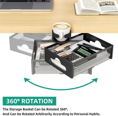 CABTE Desk Cup Holder with Drawer Organizer, Anti-Spill Clip-On Table Cup Hook with 360° Rotation Hidden Storage Box for Office Home Gaming Table (Black)