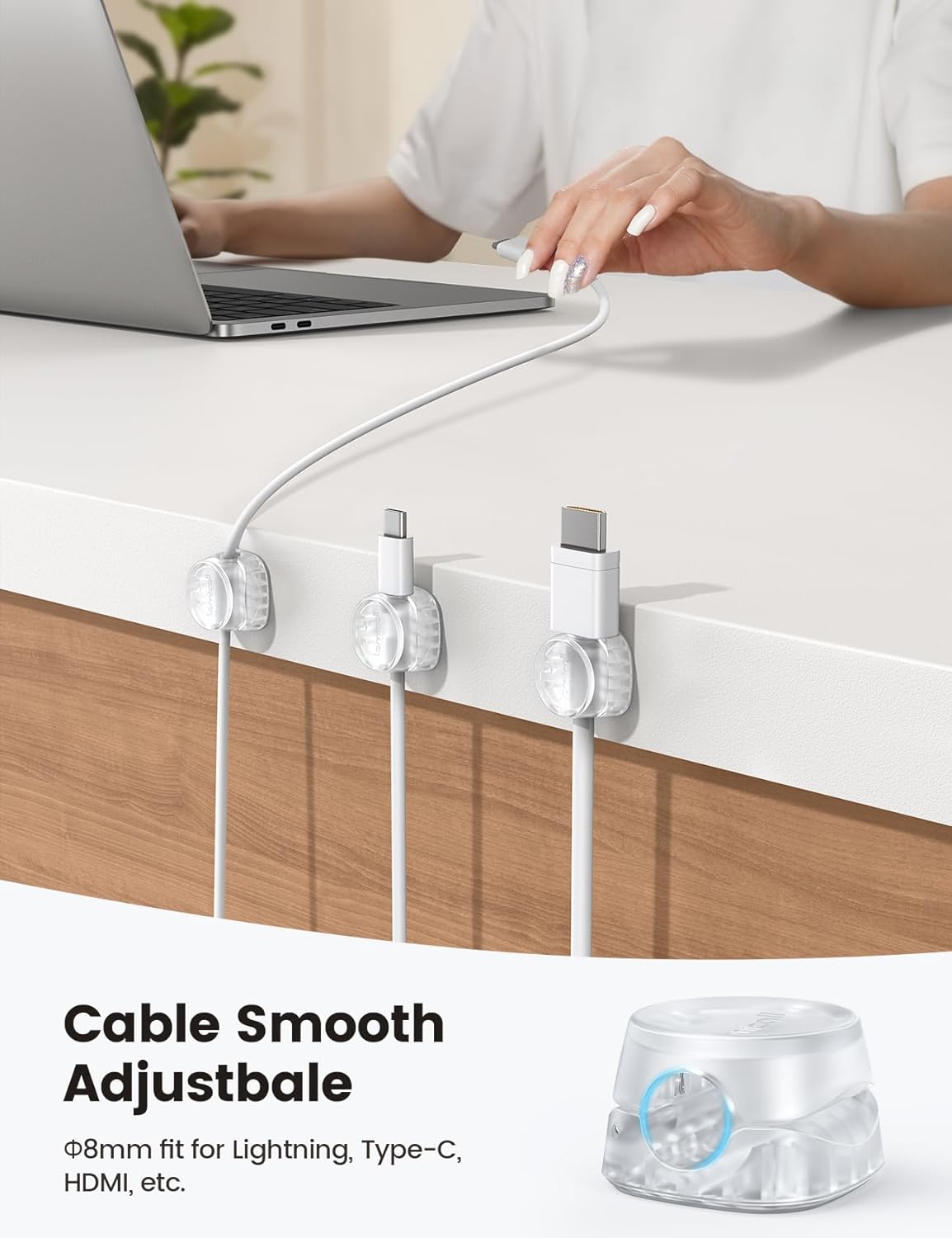 Lamicall Cord Organizer [1s Lock] Spring Cable Holder Clips - 6Pack Desk Cable Management Clips, Phone Charger Cord [Smooth Adjustable], Adhesive Wire Organizer Keeper for Nightstand Wall Car Office