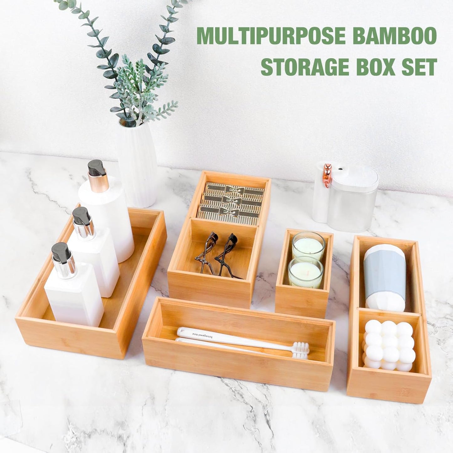 Bamboo Drawer Organizer,5 PCS White Bathroom Tray&Desk Organizers and Storage,Cabinet Divider With Removable Silverware Organization for Kitchen,Utensils,Junk,Office,Makeup