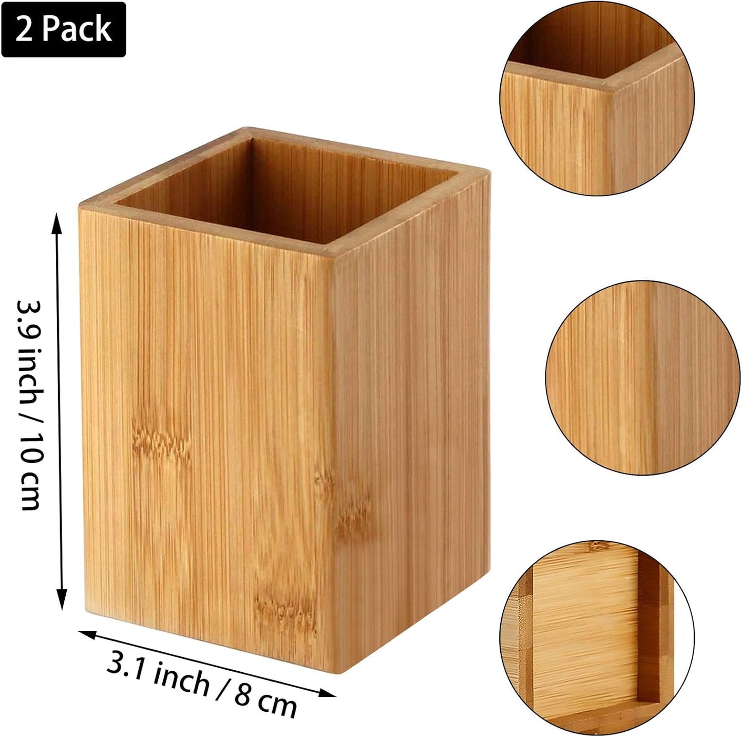 Cerpourt Pen Cup Holder,2 Pack Bamboo Wood Desk Pencil Holder Stand Multi Purpose Use Pencil Cup Pot Desk Accessories,Desktop Organizer Pencil Holder Ideal Gift for Office Home
