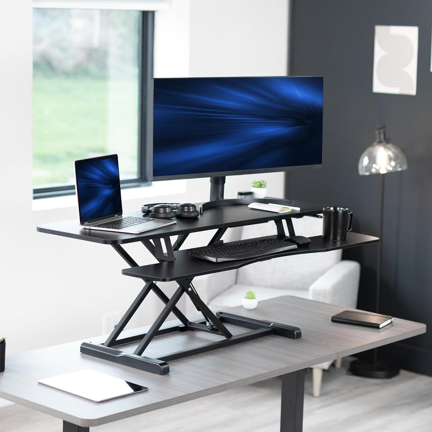 VIVO 26 inch Desk Converter, K Series, Height Adjustable Sit to Stand Riser, Dual Monitor and Laptop Workstation with Keyboard Tray, Black, DESK-V026KB