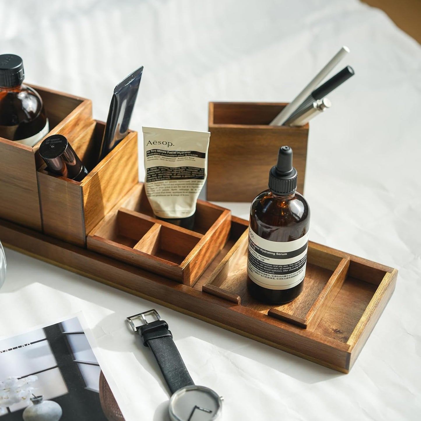 Bamboo Vanity Tray, 6-Piece Bathroom Countertop Vanity Tray Set, Makeup Kitchen Desk Organizer and Storage - Holds Small Items
