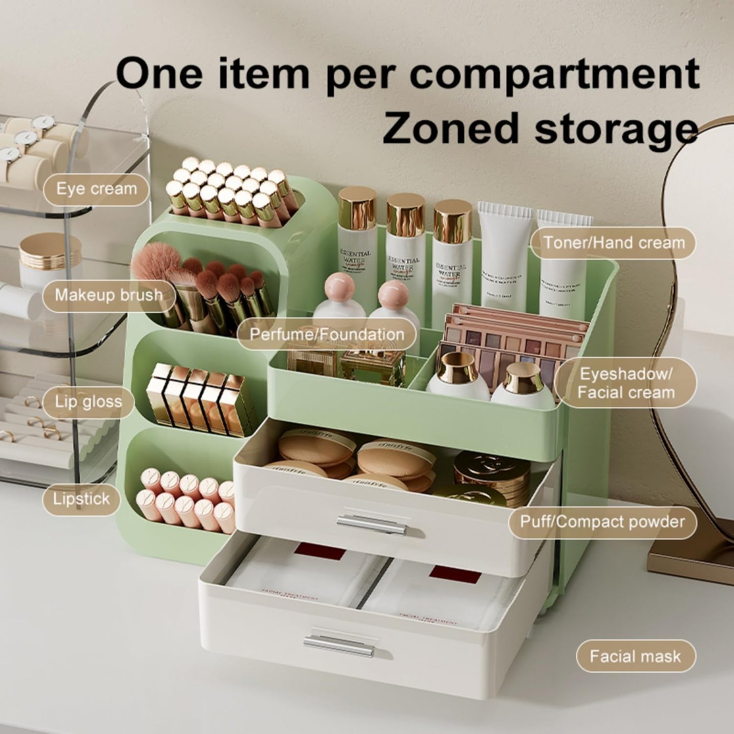 Booklov Makeup Organizer for Vanity, Countertop Cosmetic Display Case with Clear Acrylic Drawers, Bathroom Counter Beauty Caddy, Cute Table Storage Holder for Skincare, Brush Lipsticks, Crystal White