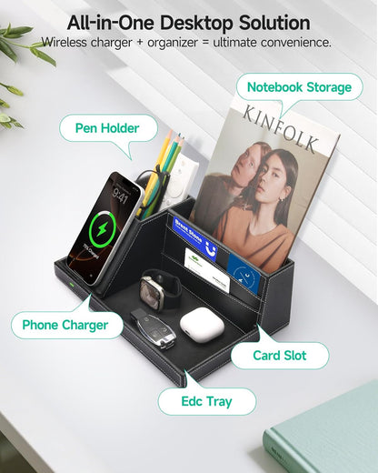 Fast Wireless Charging Station with Desk Organizer for iPhone 17/16/15/15 Pro/14/14 Pro Max/14 Pro/14 Plus/13/13 Pro Max/13 Pro/and iPhone 12/11 Series, Nightstand Desktop Organizer, Brown
