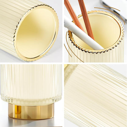 DASITON Makeup Brush holder Organizer,Crystal Cosmetic Makeup Brush Glass Brushes Storage Holder, Vintage Make Up Brush Cup Pen Pencil Holder striped vase(Coffee S)
