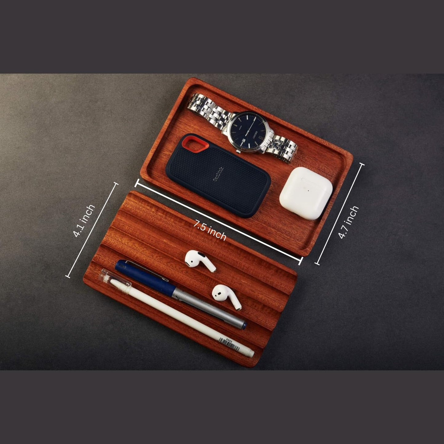 Set of 2 Wooden Trays – Pen Tray, Valet Tray, Desk Organizer, Fountain Pen Holder, EDC Tray for Phone, Jewelry, Cologne & Keys.