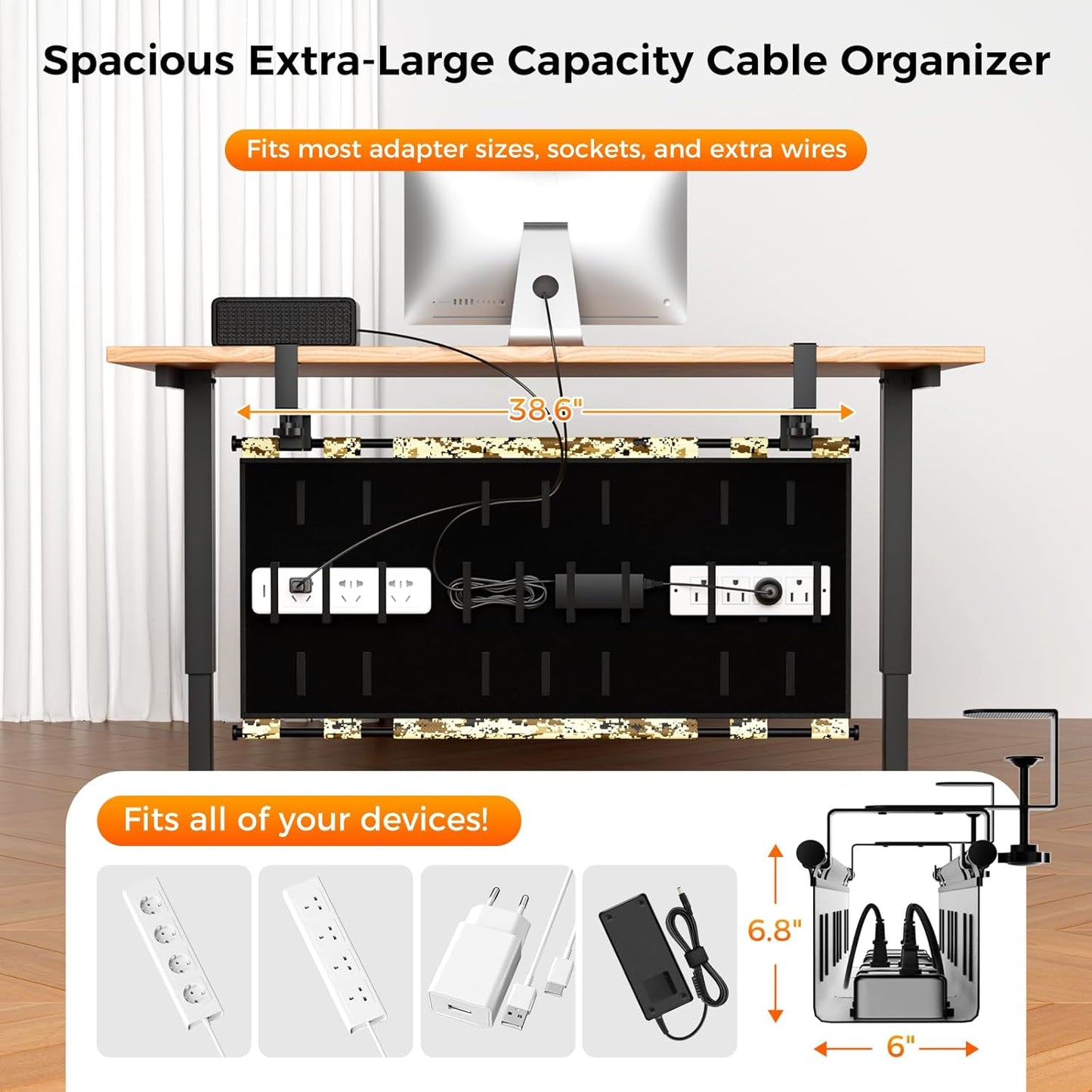 Under Desk Cable Management,No-Drill Standing Desk Cable Organizer with 2 Mounting Options - Clamp Or Screw Mounting,Upgraded Wider & Thickened Cord Holder for Home Office,38.6" L x 6" W