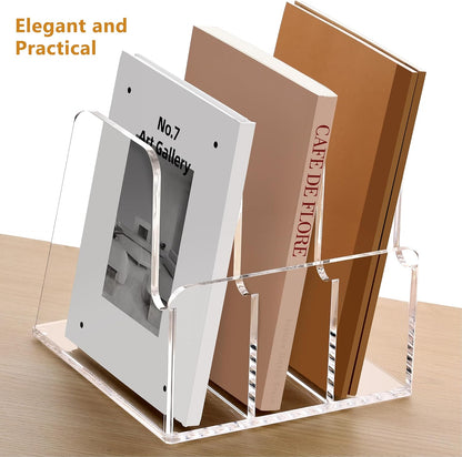 SANRUI Acrylic File Organizer, Clear Magazine File Holder Desk Organizer for Office Organization and Storage with 5 Vertical Compartments, Desktop Bookshelf for Home Office Organization