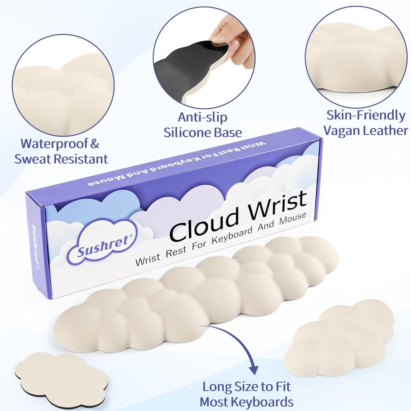 Sushret Cloud Wrist Rest Keyboard, Cloud Keyboard Wrist Pad Set with PU Leather Memory Foam, Cute Arm Rest for Palm Support, PC/Gaming Desk Accessories/Office Setup/Computer Hand Cushion - White