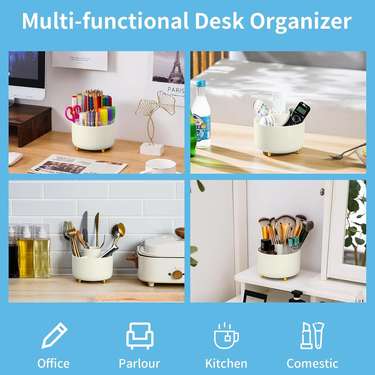 Marbrasse Desk Organizer, 360-Degree Rotating Pen Holder, Desk Organizers and Accessories with 5 Compartments Pencil Holder, Art Supply Storage Box Caddy for Office, Home（White）