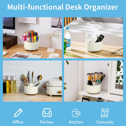 Marbrasse Desk Organizer, 360-Degree Rotating Pen Holder, Desk Organizers and Accessories with 5 Compartments Pencil Holder, Art Supply Storage Box Caddy for Office, Home（White）