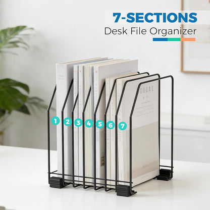 Gawerk File Organizer for Desk, 7-Section Vertical File Sorter, Paper Holder Organizer Standing Metal File Folder for Office Home Classroom, Black
