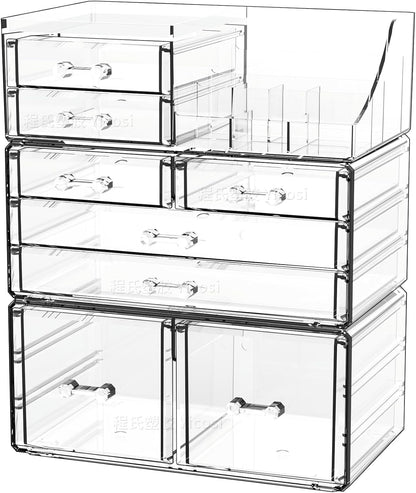 Cq acrylic Make Up Organizers for Vanity With 14 Drawers, 4 Pack Clear Drawer Organizers,Plastic Cute Desk Accessories Organization and Bathroom Organizers Storage Case Box Cube for Beauty,Skin Care