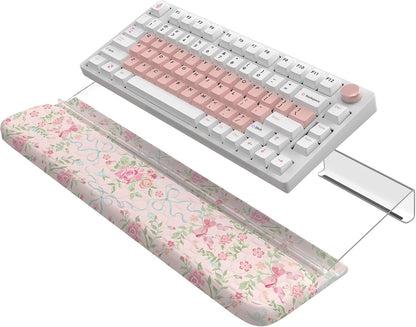2 in 1 Keyboard Stand for Desktop, Floral Wrist Support for Keyboards, Anti-Fatigue Memory Foam Wrist Rest for Computer, 3-Angle Adjustable Keyboard Riser for Office Home (Pink Bow)