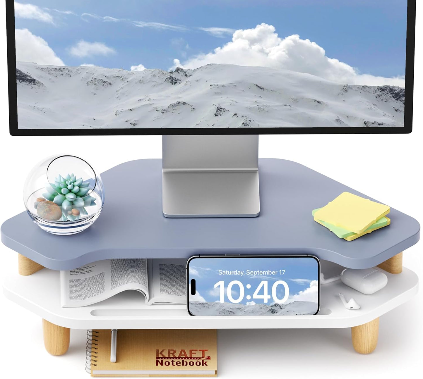 AFOOYO Monitor Stand Riser,2 Tier Corner Wood Sturdy 16.5In Computer Stand, Multi-Purpose Desktop Storage Stand for Laptop,PC,iMac,Printer,Computer,White