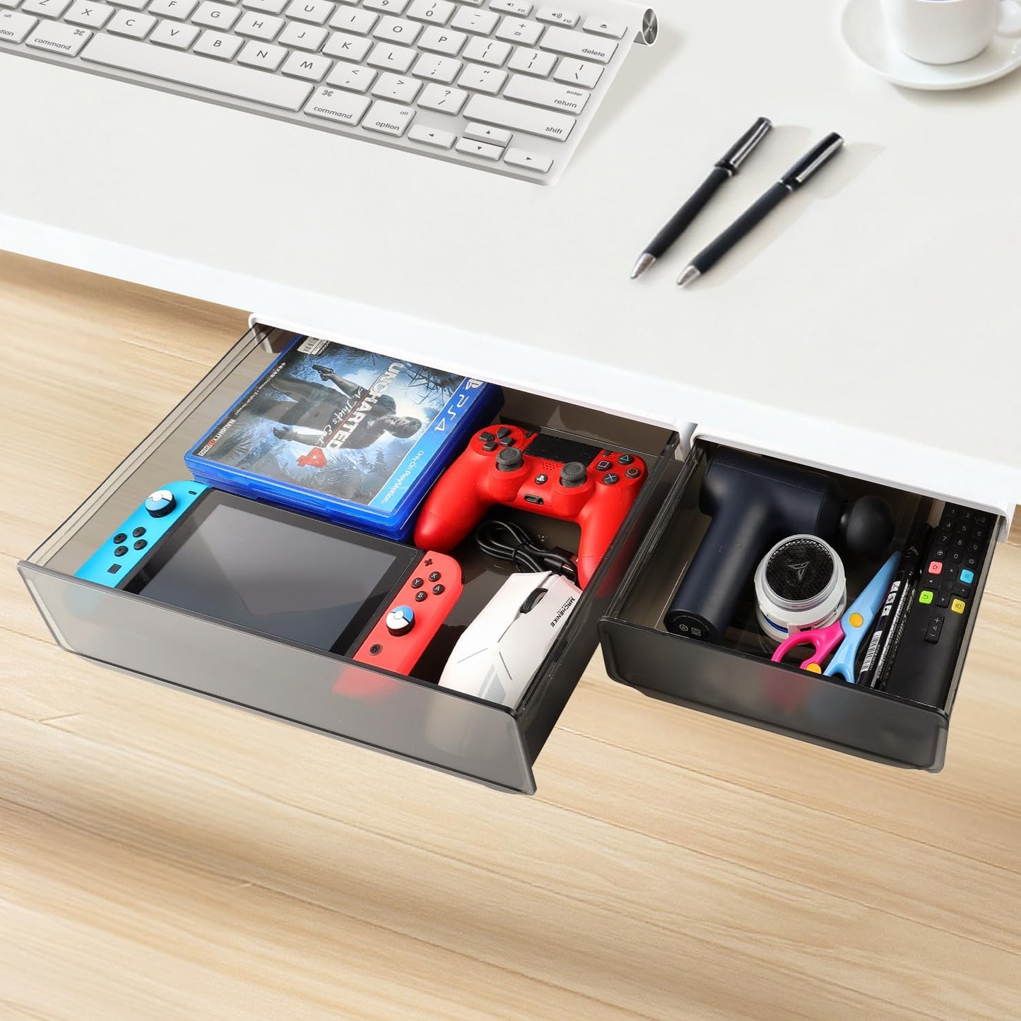 Self-adhesive Under Desk Drawer Organizer, 2 Pack Table Hidden Slide Out Large Storage Mounted Desktop Pencil Holder Tray Drawers for Office Home School Stationery Kitchen (Large, White)