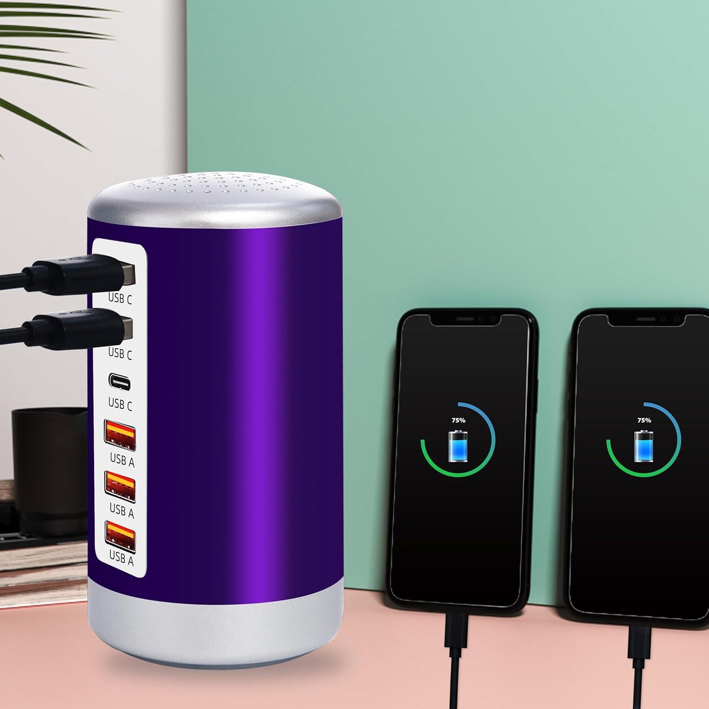 Universal USB Charger 6-Port Desktop USB Charging Station Hub with Smart Identification Technology Compatible with iPhone iPad Cell Phone Tablets(Purple)