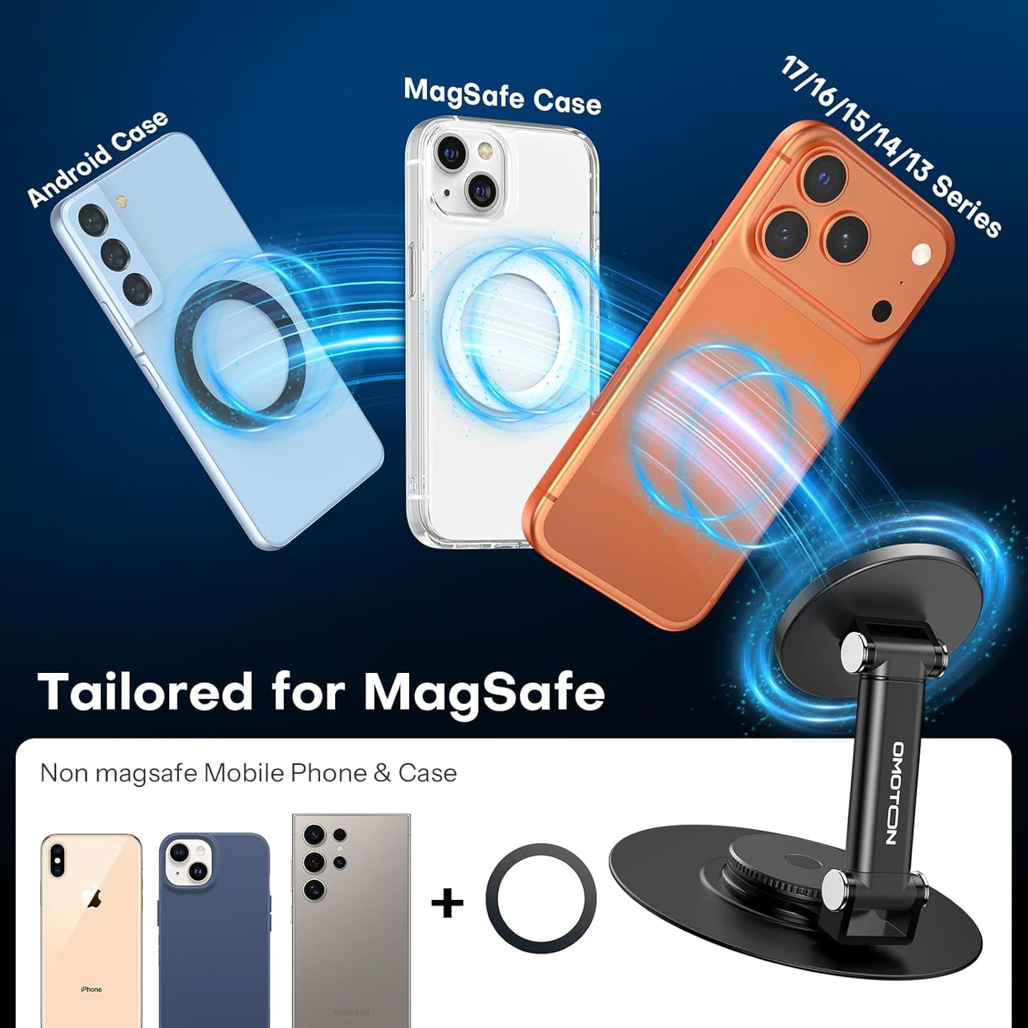 OMOTON MS05 360°Rotating Base Magnetic Phone Stand for MagSafe, [Height Adjustable] Foldable Cell Phone Stand for Desk, Office Desk Accessories for iPhone 17/16/15/14 Pro Max Air, Black
