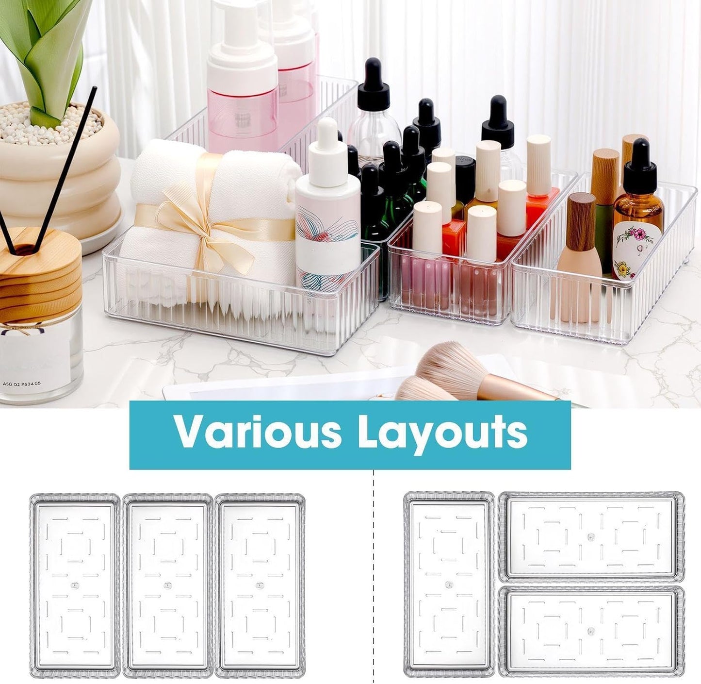 Teenyyou 8 Pcs Clear Drawer Organizers Bins Stackable Makeup and Vanity Organizer Trays Clear Plastic Drawer Organizers Set for Office Desk Dividers(9.9 x 6.3 x 1.8 Inches)