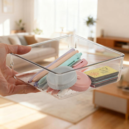 Ohlove 6 Pcs Large Clear Plastic Drawer Organizers Tray 15" x 6.3" Storage Bins with 25 Pcs Non-Slip Pads for Makeup, Jewelries, Kitchen Utensils, Bathroom and Office