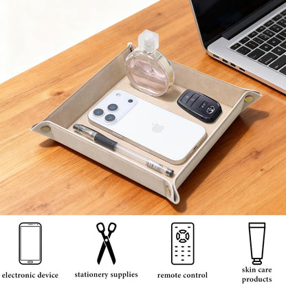 Valet Tray Desktop Storage Organizer – Premium PU Leather Catchall Bedside Vanity Tray Nightstand Caddy Holder for Remote Controller, Keys, Phone, Wallet, Coin, Jewelry,Brown