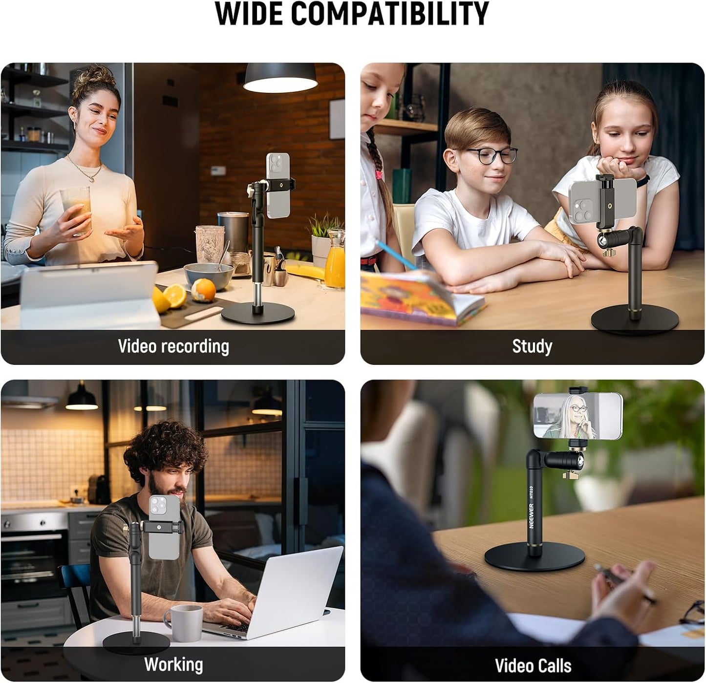 NEEWER Basics Cell Phone Stand for Desk, Adjustable Phone Holder Clamp with Weighted Metal Base, Office Table Phone Mount Compatible with iPhone 16 15 Pro Max Plus Samsung for Video Recording, ST006