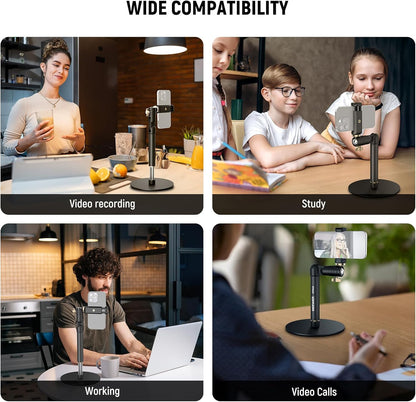 NEEWER Basics Cell Phone Stand for Desk, Adjustable Phone Holder Clamp with Weighted Metal Base, Office Table Phone Mount Compatible with iPhone 16 15 Pro Max Plus Samsung for Video Recording, ST006