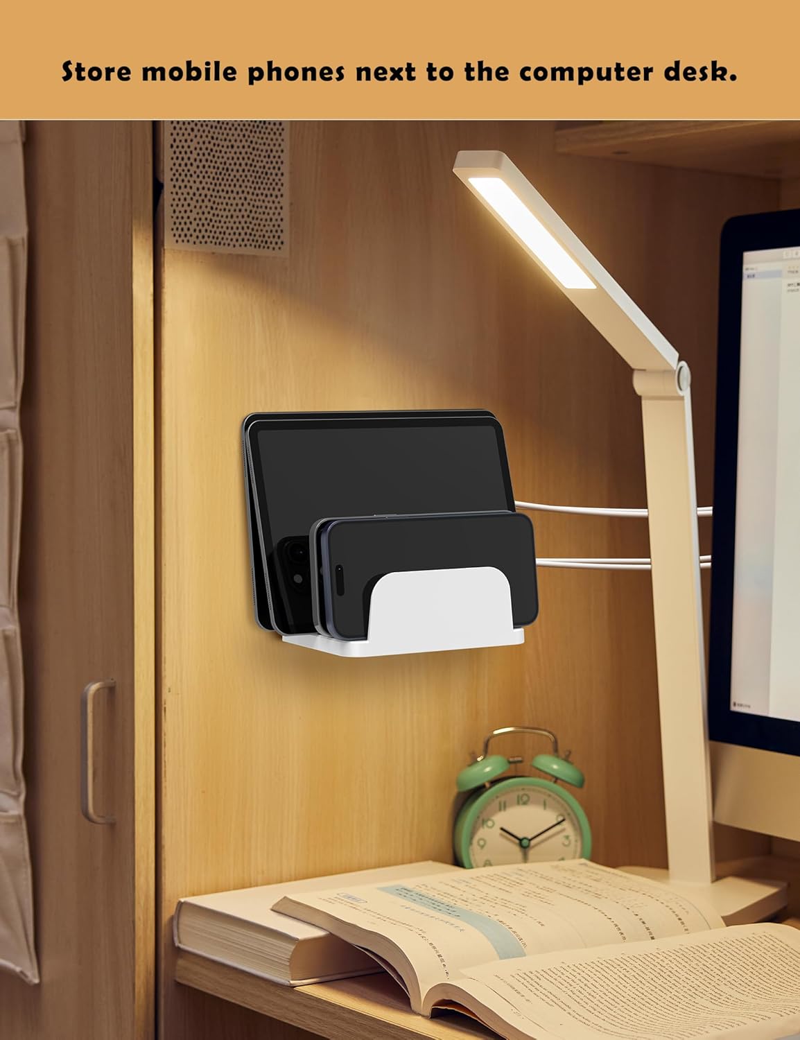 Phone Wall Mount Storage Organizer, Compatible with iPhone and Android, Holds Four Phones or Tablets at Once Charging Holder Station Fit for ipad, Kindle and More (Black)