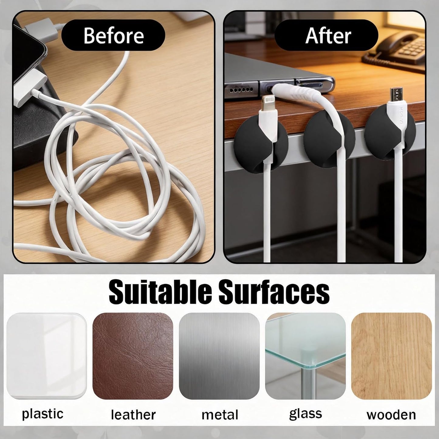 3PCS Cord Holder Cable Clips, Round Silicone Adhesive Cord Organizer Charger Holder Wire Management Keeper for Home, Nightstand, Desk, Office or Mouse, Light Green