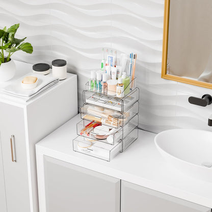 Yieach 3 Tier Clear Acrylic Makeup Organizers with Drawers,Tiered Countertop Make up Storage Organizer for Dresser Top and Bathroom Vanity,Plastic Makeup Stand for Brush,Skincare,Beauty Organizers