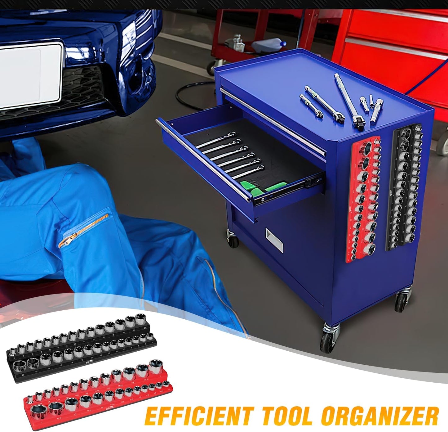 GOOACC 1/4" Magnetic Socket Organizer, 2 Pieces Socket Holder Metric SAE Socket Tray, 1/4 inch Socket Organizer Tray Holds 52 Standard Sockets for Tool Box Drawer