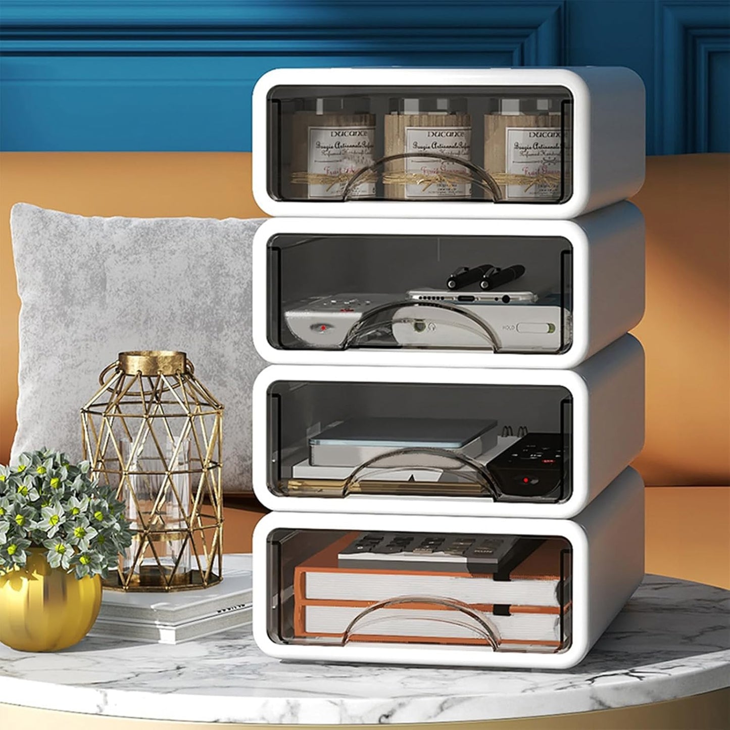 Desk Organizer with Drawers, Stackable Storage Drawers with Compartments Desktop Organization for Office Supplies, Makeup, Pencils, Tape, Erasers, Paperclips, Chargers (4 Pack)
