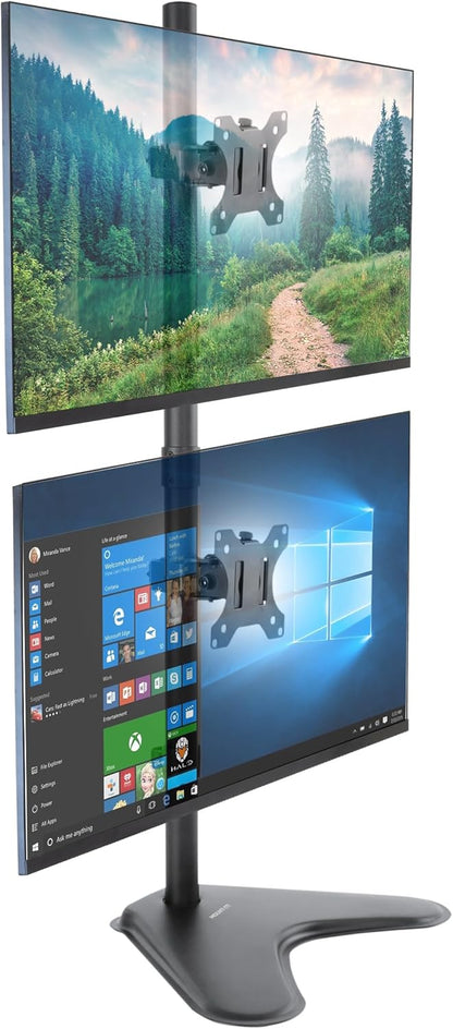 Mount-It! Vertical Dual Monitor Stand, Stacked Desk Mount Fits Two 13–32 Inch Screens up to 17.6 lbs Each, Height Adjustable Free Standing Pole with Tilt Swivel Rotate, Ergonomic VESA Riser, Black