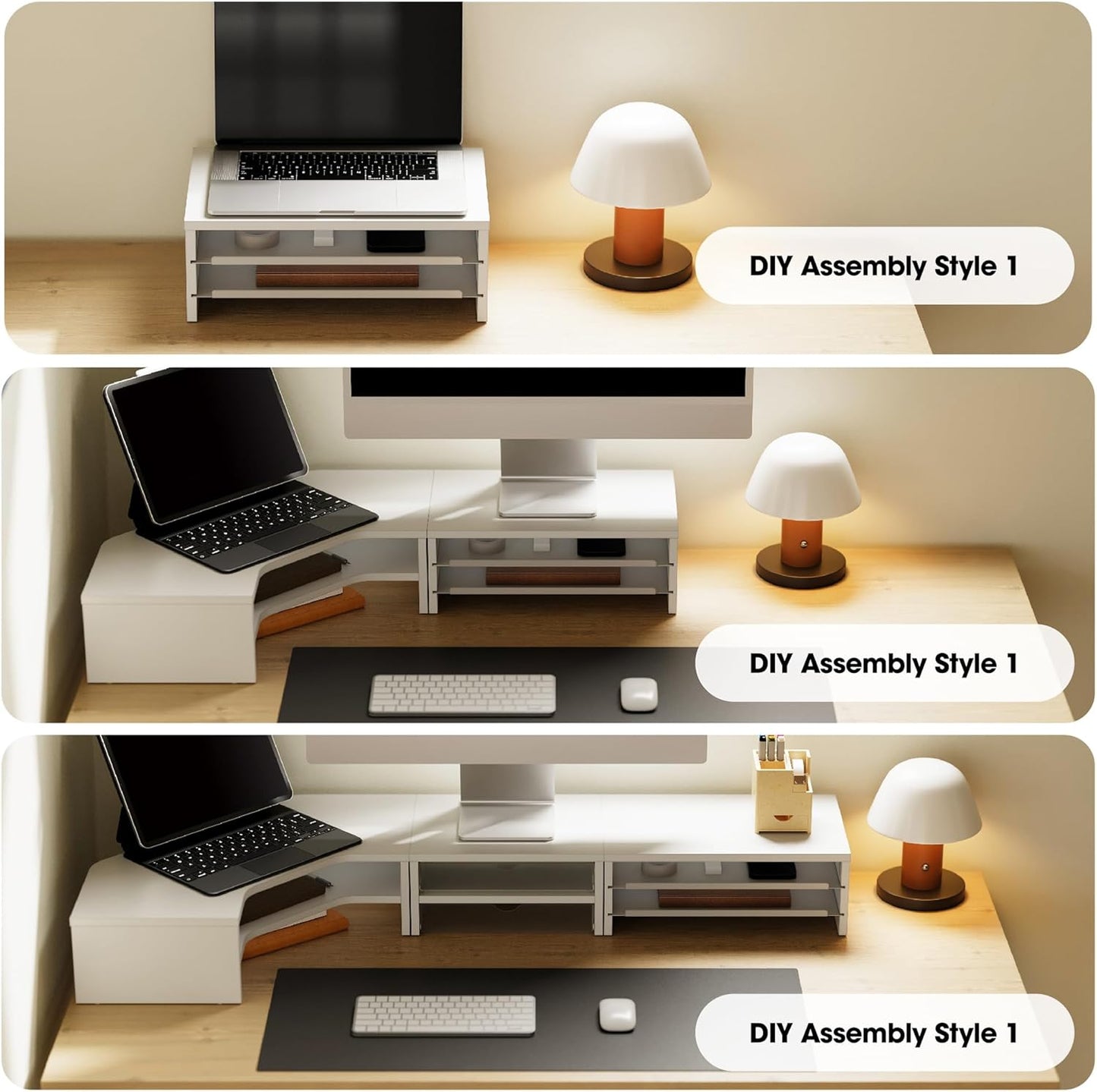 Fenge Monitor Stand, 3-Tier Monitor Riser with Slide-Out Tray, Wooden and Metal Desktop Organizer for Home Office, Computer, Laptop, Printer, Telephone
