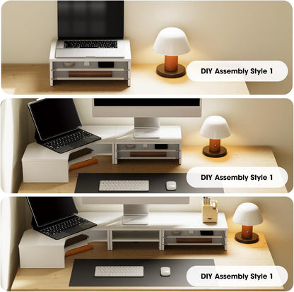 Fenge Monitor Stand, 3-Tier Monitor Riser with Slide-Out Tray, Wooden and Metal Desktop Organizer for Home Office, Computer, Laptop, Printer, Telephone