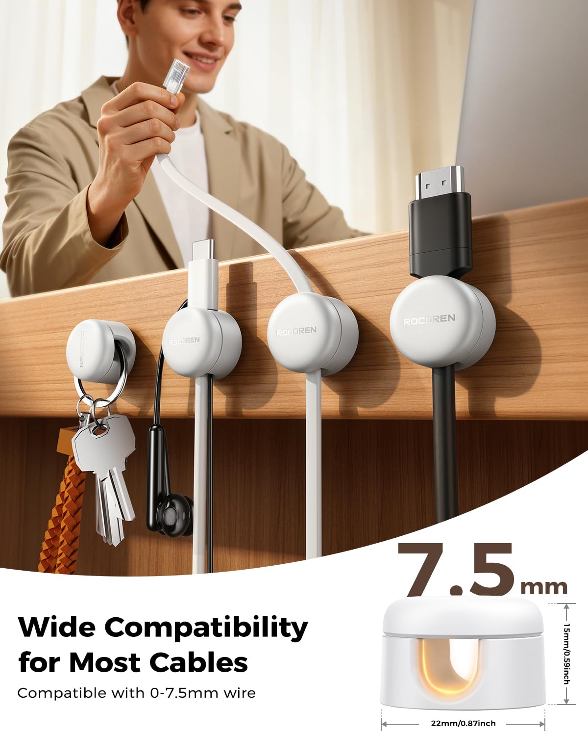 9-Pack Cable Clips [Upgraded],Rocoren Magnetic 360° Rotatable Cord Holder, Adhesive Cable Management Organizer,Wire Keeper for Nightstand Desk Car Phone Wall Home Office Accessories