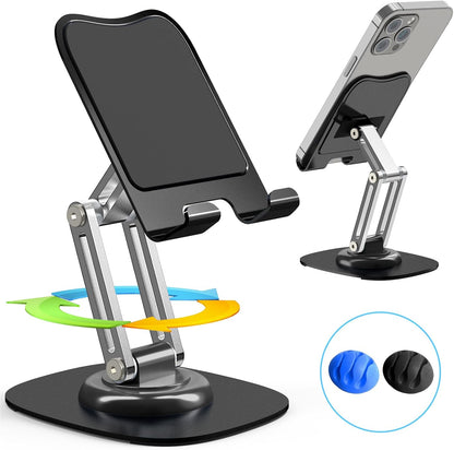 Metal Phone Stand for Desk, Adjustable Foldable Desktop Phone Holder, 360 Degree Rotating Cell Phone Stand for Recording Compatible with iPhone 17 16 15 14 13 12 11 Pro, Black